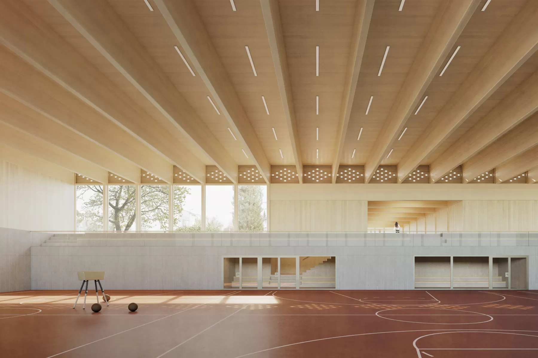 Sporthalle mit Holzdach und einigen B&auml;llen auf dem Feld